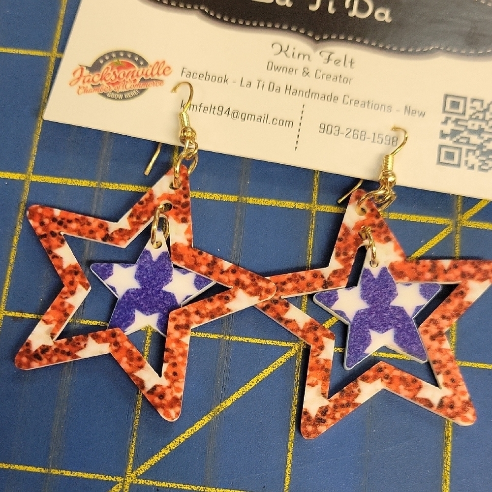 Star Earrings Blue Red White America 4th of July